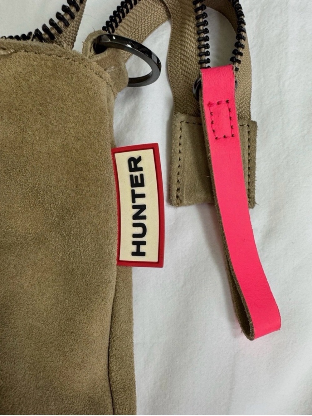 Hunter Suede & Leather Tote Bag Tan Pink Neon Trim Shoulder Bag Zip Pocket - Picture 2 of 13